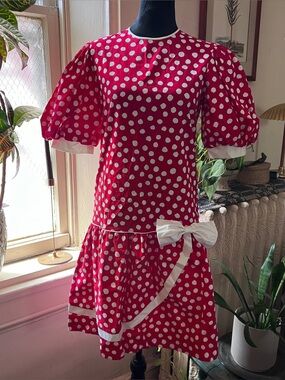 Vtg 80s 90s Picture Me Red White Polka Dot Puff Sleeve Dress - Size Teen 12